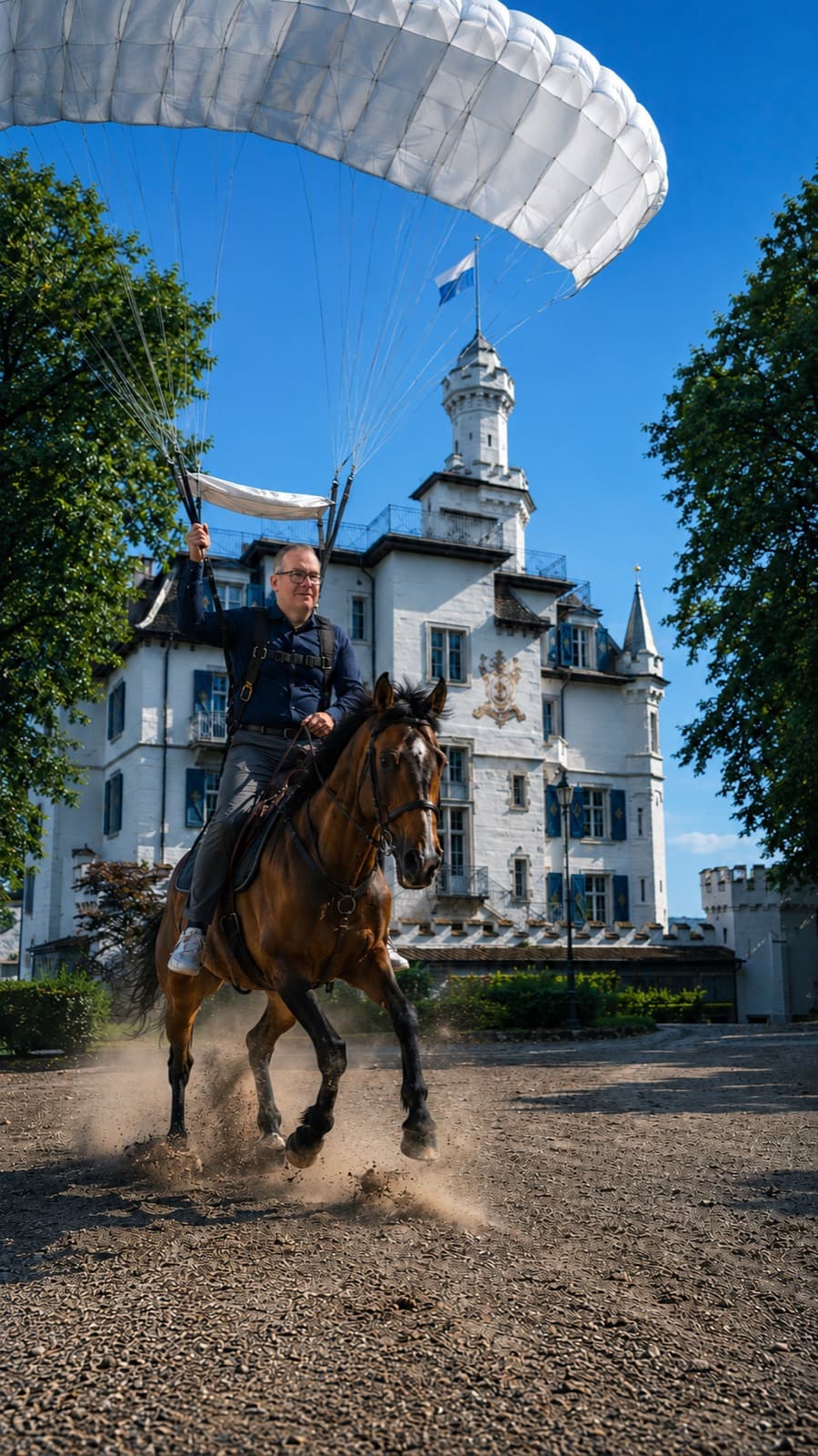Mit dem Pferd und Fallschirm vor dem Schloss, Werbung die auffaellt